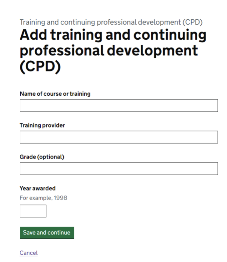 Screenshot of The 'Add training and continuing professional development (CPD)' page in the 'Training and continuing professional development (CPD)' section of the Teaching Vacancies application form looked when it was launched in May 2024.