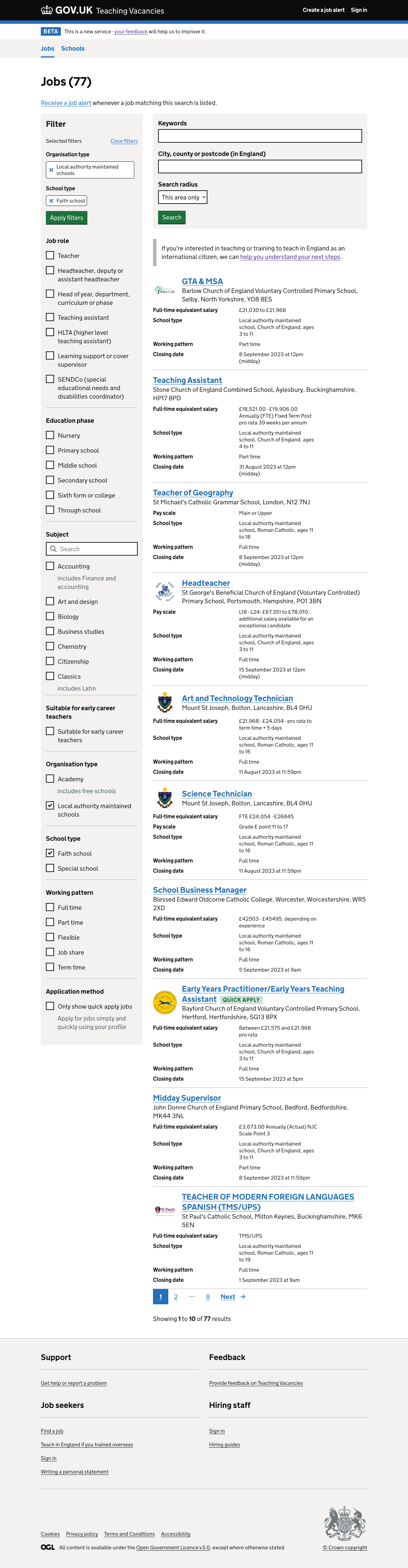 Screenshot of A job search with an organisation and school type filter applied