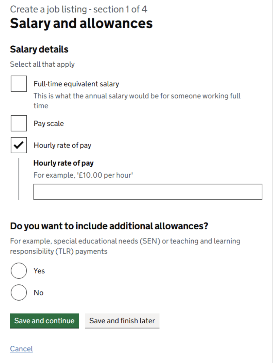 Screenshot of The 'Salary and allowances' question on the Create a job listing user journey for hiring staff on the Teaching Vacancies website.