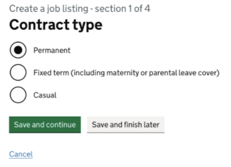 Screenshot of The 'Contract type' question on the Create a job listing user journey for hiring staff on the Teaching Vacancies website.