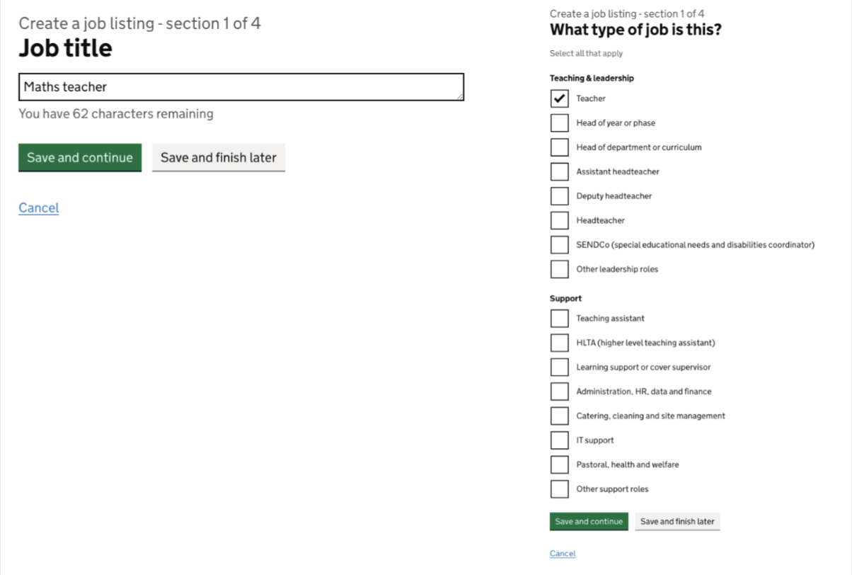 Screenshot of The 'Job title' and 'What type of job is this' questions on the first section of the 'Create a job listing' user journey for hiring staff on the Teaching Vacancies website.