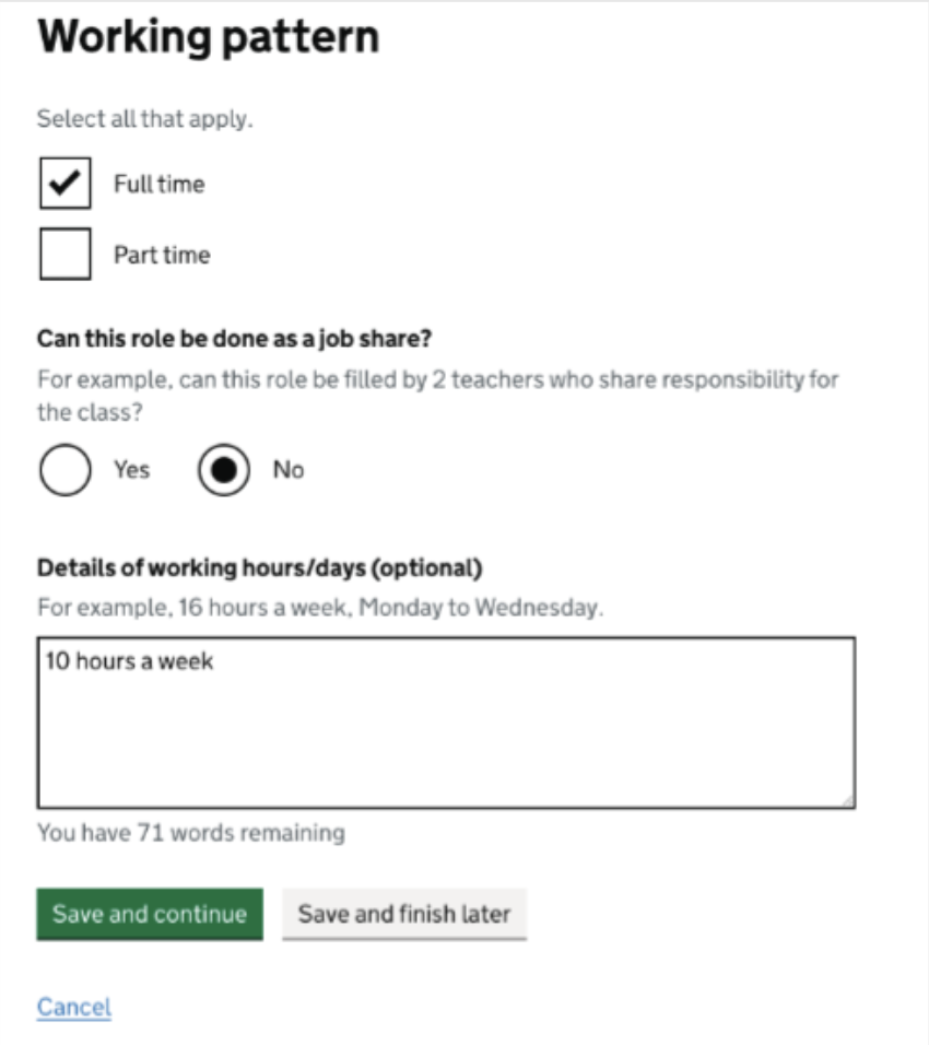 Screenshot of The 'Working pattern' question on the Create a job listing user journey for hiring staff on the Teaching Vacancies website.