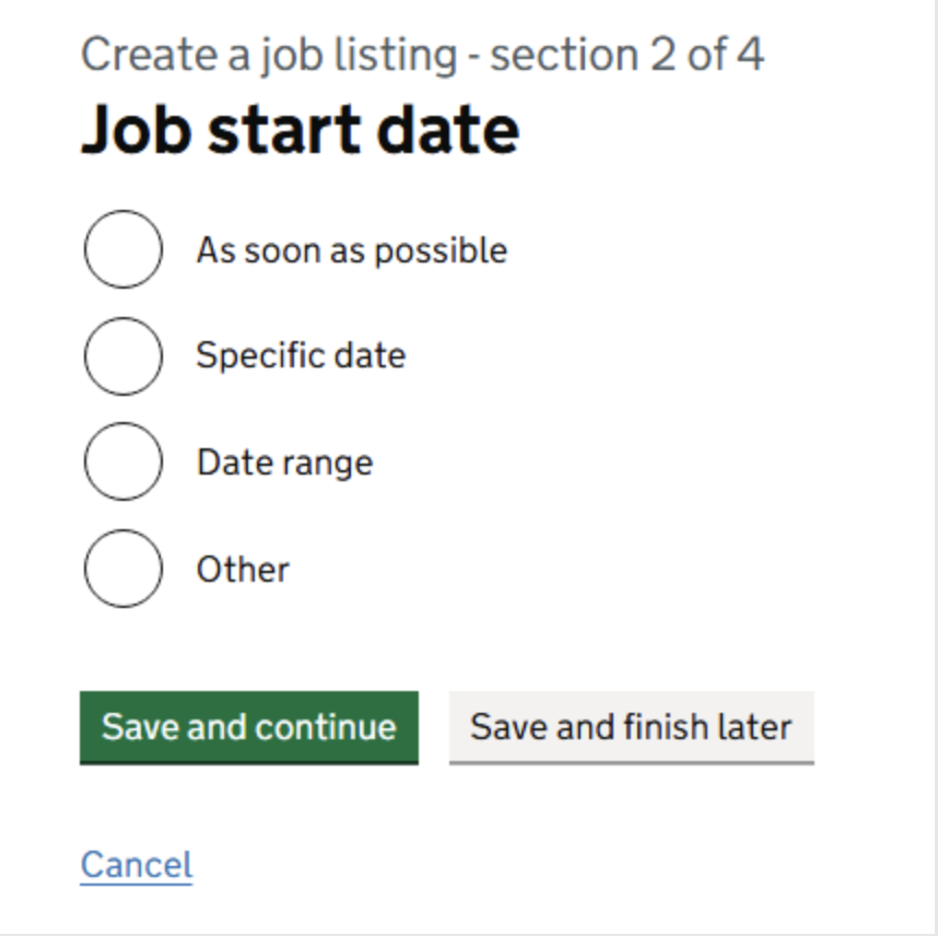 Screenshot of The 'Job start date' question in the Create a job listing user journey for hiring staff on the Teaching Vacancies website.